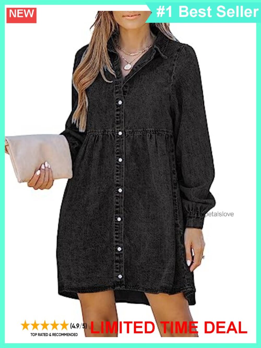 Long Sleeve Button Down Denim Babydoll Shirt Dress A-Line